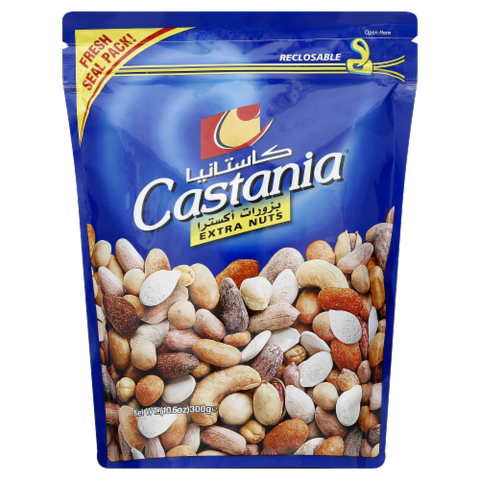 Castania Extra Nuts bag featuring a selection of nuts including hazelnuts and almonds in a resealable packaging. The design highlights premium quality and freshness.