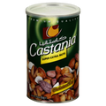 Front view of Castania Super Extra Nuts can, displaying a vibrant design that emphasizes the mix of nuts. The packaging features the Castania logo and the claim of being cholesterol free, ideal for nutritious snacking.