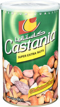 Castania Mixed Nuts Assortment 454g showcasing a distinctive green metal container filled with a variety of premium nuts including cashews, pistachios, almonds, and hazelnuts, ideal for healthy snacking.