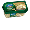 Extra Kasih Halva with pistachios packaging, featuring a green lid and label, showcasing traditional halva dessert pieces topped with pistachios.