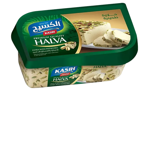 Extra Kasih Halva with pistachios packaging, featuring a green lid and label, showcasing traditional halva dessert pieces topped with pistachios.