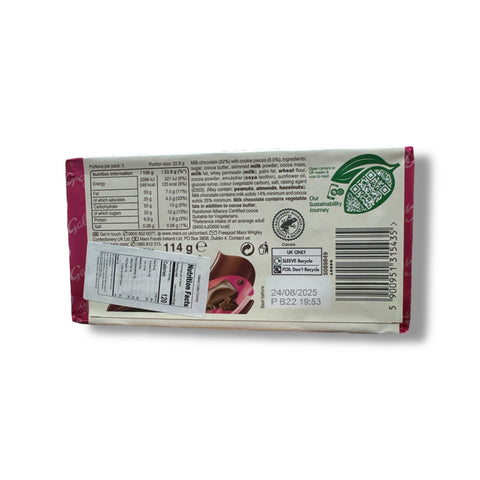 Back view of Galaxy Cookie Crumble packaging from ALBASHA Store, showcasing nutrition information and ingredients, emphasizing its irresistible cookie texture.