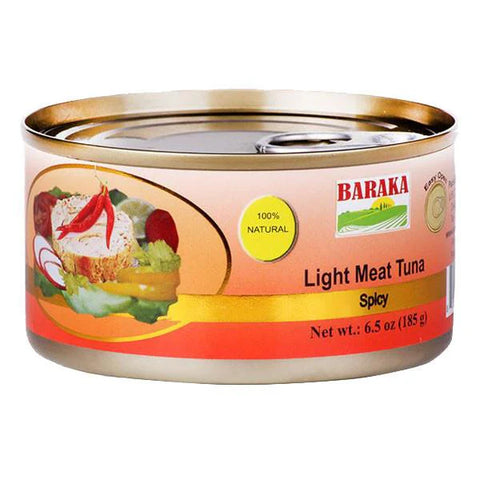 Baraka Tuna Spicy canned product with colorful design, labeled as 'Light Meat Tuna Spicy', net weight of 6.5 oz (185 g), featuring a natural ingredients symbol and decorative vegetable imagery.