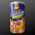 Castania Extra Nuts can displayed with colorful nut assortment including cashews, almonds, and pistachios. The packaging emphasizes premium quality and cholesterol-free content.