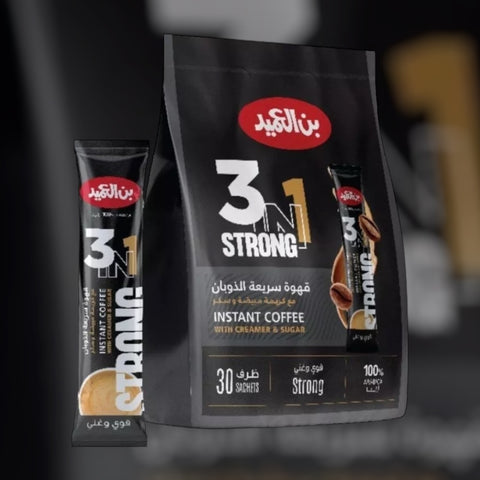 Close-up of Alameed 3in1 Strong Coffee Mix display showing the product title and details. Highlighted by the vendor name ALBASHA Market, this mix offers instant coffee that is both rich in flavor and easy to prepare, appealing to coffee aficionados everywhere. alameed