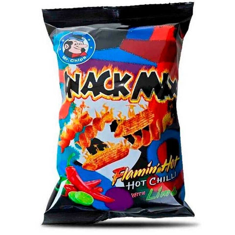 Mr. Chips Flamin' Hot Snack Mix packaging featuring fiery snack illustrations and text advertising the flavor with lime. The bag design is colorful with elements representing hot chillies and lime, designed to attract spicy snack enthusiasts.