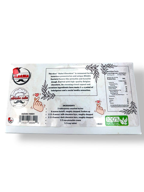 The back view of Dubai Chocolate by ALBASHA, showcasing the description of its unique Middle Eastern flavors, ingredients, and nutritional information while emphasizing its quality as a social media sensation.