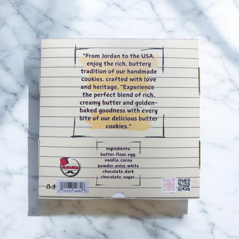 The back of a box of butter cookies from Albasha, featuring descriptions and ingredients that celebrate the rich tradition of handmade treats. Perfectly crafted cookies, ideal for gifting on occasions such as Valentine's, promise a delicious experience. Butter cookies, Cookies.