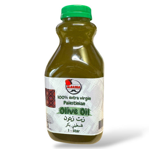 A bottle of Premium Extra Virgin Palestinian Olive Oil 1L by ALBASHA, showcasing its green cap and labeled design. This rich olive oil promotes health benefits and enhances culinary dishes.