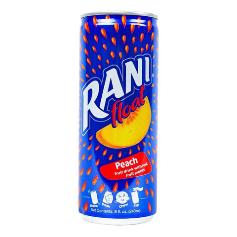 A can of Rani float Peach drink, showing vibrant blue packaging with peach illustrations, a label indicating it's a fruit drink made with real fruit pieces, and details on shaking, drinking, chewing, and tapping. The can contains 8 fl. oz. (240ml) of beverage.