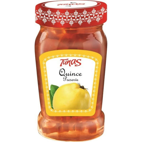 A jar of Tunas Quince Preserve featuring a yellow label with the product name. The jar is filled with a golden-brown preserve and topped with a decorative red lid. A ripe quince fruit illustration is shown on the label.