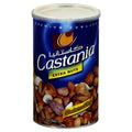 Castania Extra Nuts product can featuring a variety of nuts such as cashews, pistachios, and almonds. The can is labeled as cholesterol-free and premium quality.