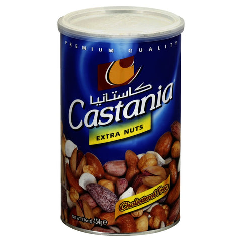 Castania Extra Nuts product can featuring a variety of nuts such as cashews, pistachios, and almonds. The can is labeled as cholesterol-free and premium quality.