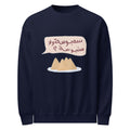 Unisex Crew Neck Sweatshirt - Ramadan Hoodei, Soft Pill-Resistant Fleece for Comfort by ALBASHA Market, featuring a navy version with a fun speech bubble design about sambosa and an image of three samosas.