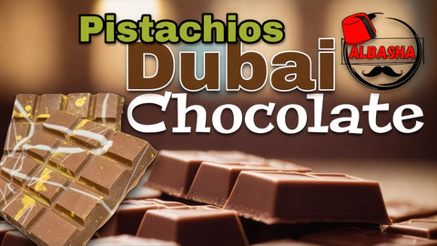 A creative display of Dubai Chocolate by ALBASHA, with highlighted text promoting its exquisite taste, featuring rich chocolate infused with pistachio flavors.