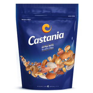 Castania Extra Nuts resealable packaging showcasing a mix of nuts and a high-quality design. The package is labeled for convenience and freshness.