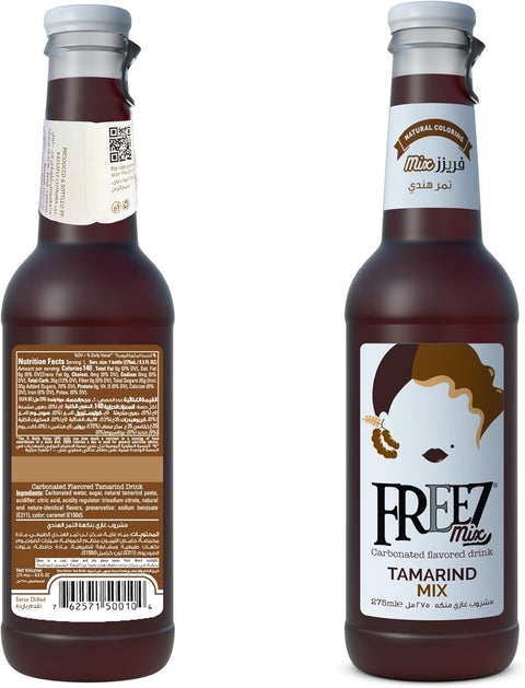 Two views of a Freez Mix Tamarind Flavour Drink bottle. The front showcases the label with the product name and a stylized illustration, while the back features nutritional information and ingredients in multiple languages, including Arabic and English. The bottle is designed with natural coloring, presenting a refreshing and enticing imagery suitable for promotional use.