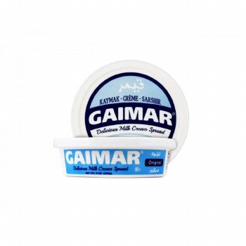 Gaimar Creamy Milk Spread packaging featuring a white and blue color scheme, displaying the product name and description. The container is shown in both a tub and a smaller individual serving size.