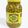 A jar of Ziyad Balady Green Cracked Olives, featuring a vibrant yellow lid and a colorful label, displaying nutritional information and branding in both English and Arabic.