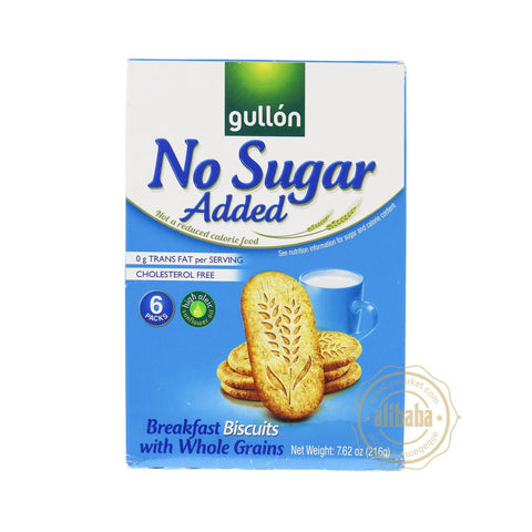 Gullon No Sugar Added Breakfast Biscuits packaging showcasing a box of sugar free breakfast biscuits with whole grains, emphasizing a healthy snack option for guilt-free mornings.