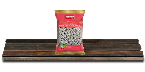 Meray roasted and salted white chickpeas in a transparent packaging, displaying the product label with nutritional and quality information, placed on a wooden surface.