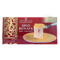 Zalatimo Sweets Shredded Mini Kunafa packaging featuring Arabic text and a picture of the dessert. The box indicates it contains two individual single-serve trays, with a net weight of 15.9 oz (455g) and a label stating 'No Preservatives'.