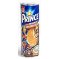 Lu Prince Swiss Cookies package featuring a vibrant blue design, prominently displaying the brand name 'Prince' along with the flavor 'Chocolat'. The packaging showcases a biscuit with a creamy filling, highlighting its appealing presentation and quality.