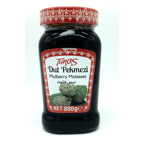 A jar of Tunas Dur Pekmezi, also known as Mulberry Molasses, with a net weight of 800 grams. The jar features an ornate red design with the product name clearly displayed in both English and Arabic, alongside images of mulberries.