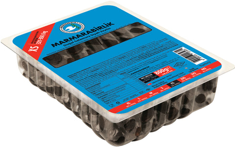 Pack of Marmarabirlik black olives, weighing 800g. The packaging features a blue label with red accents, showcasing the product name and nutritional information.