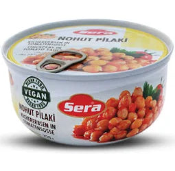 Sera Chickpeas in Tomato Sauce, 320g can with a colorful label featuring chickpeas and a vegan logo. The can is cylindrical with a pull-tab lid, showcasing a vibrant design reflecting its contents.