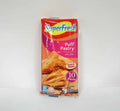 Package of Superfresh Puff Pastry weighing 500g, featuring ten flaky pastry pieces. The packaging is colorful, highlighting the product's extra flakiness and the text 'Puff Pastry' in both English and Turkish.